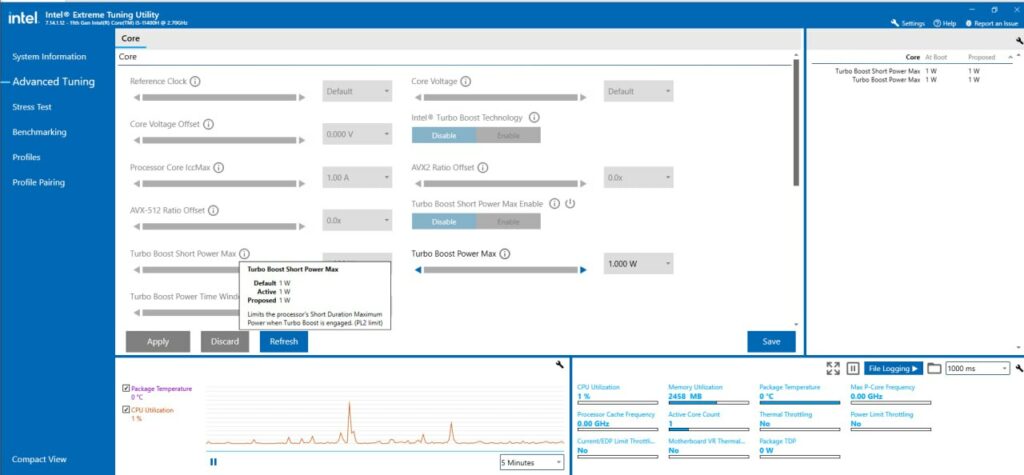 Intel Extreme Tuning main screen