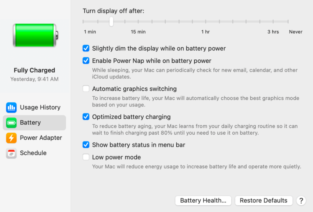 Battery settings on MacOS Monterey