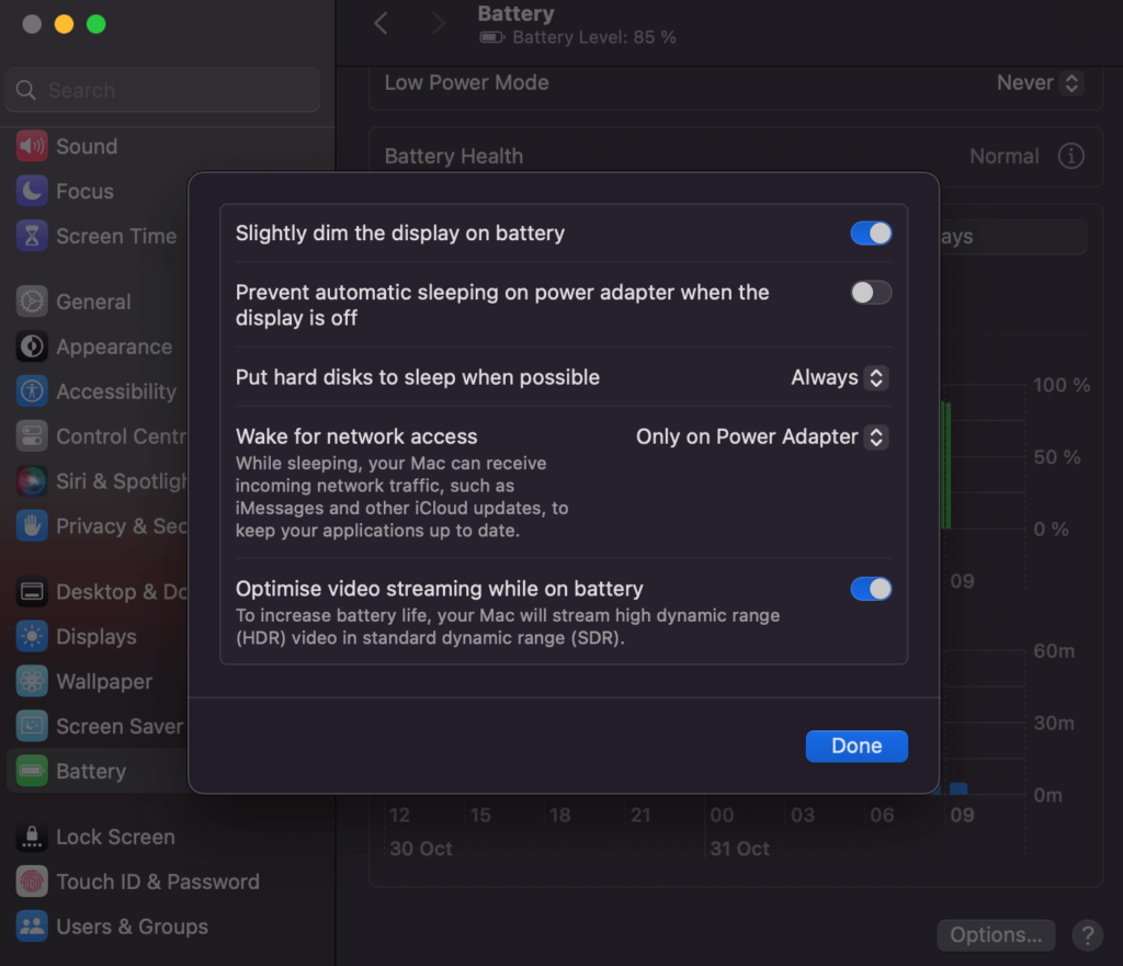 Battery settings on MacOS Ventura